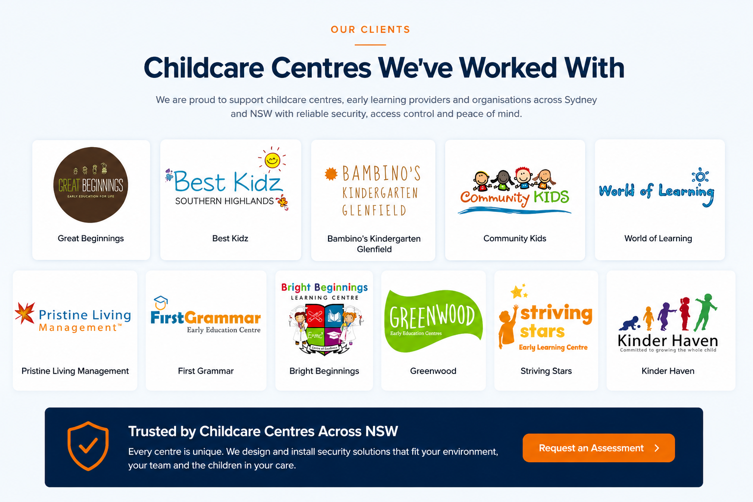 Logos of childcare centres and early learning providers that have worked with Amaro Electronics