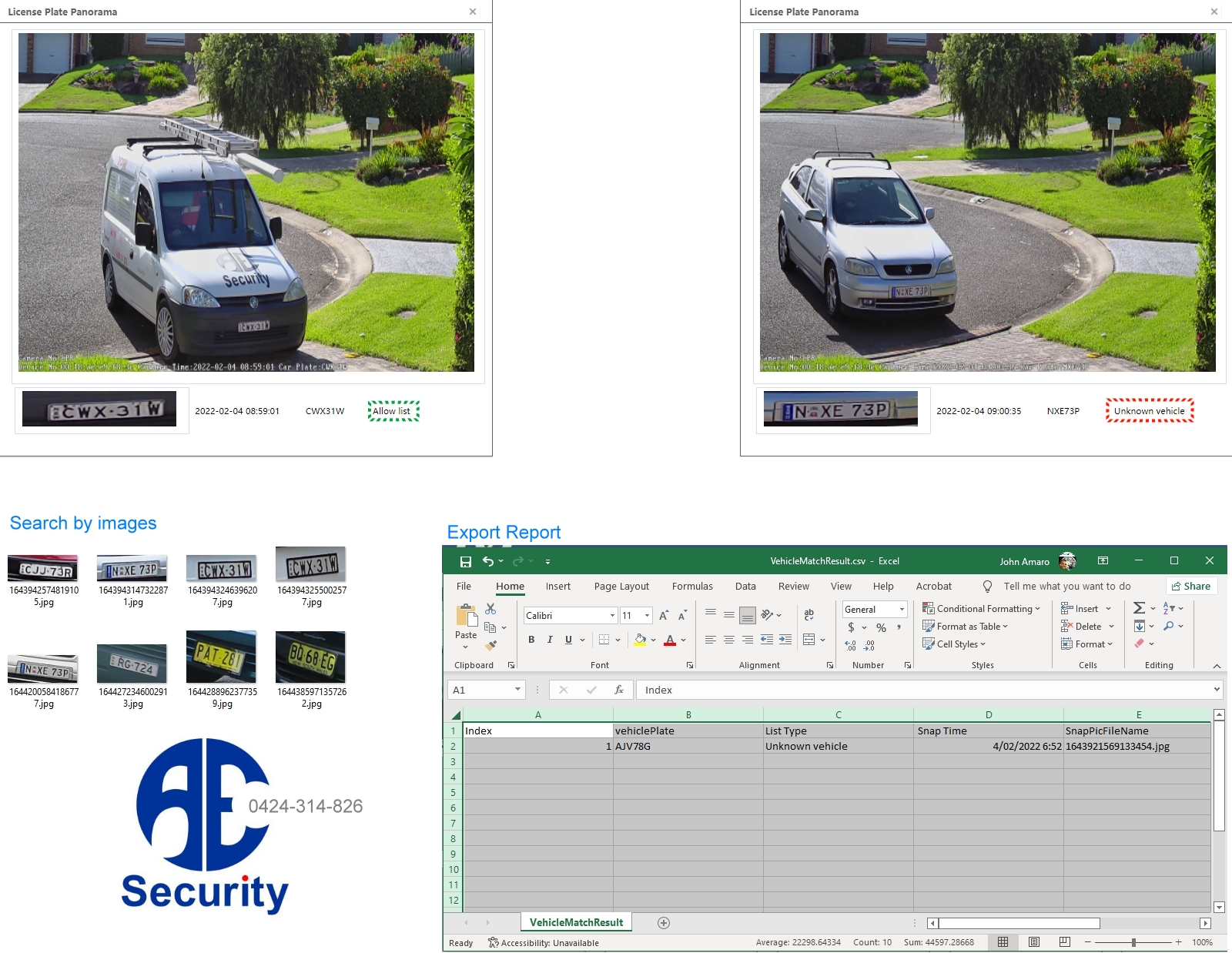 ANPR vehicle access evidence showing allowed and unknown vehicles with image search and Excel report export