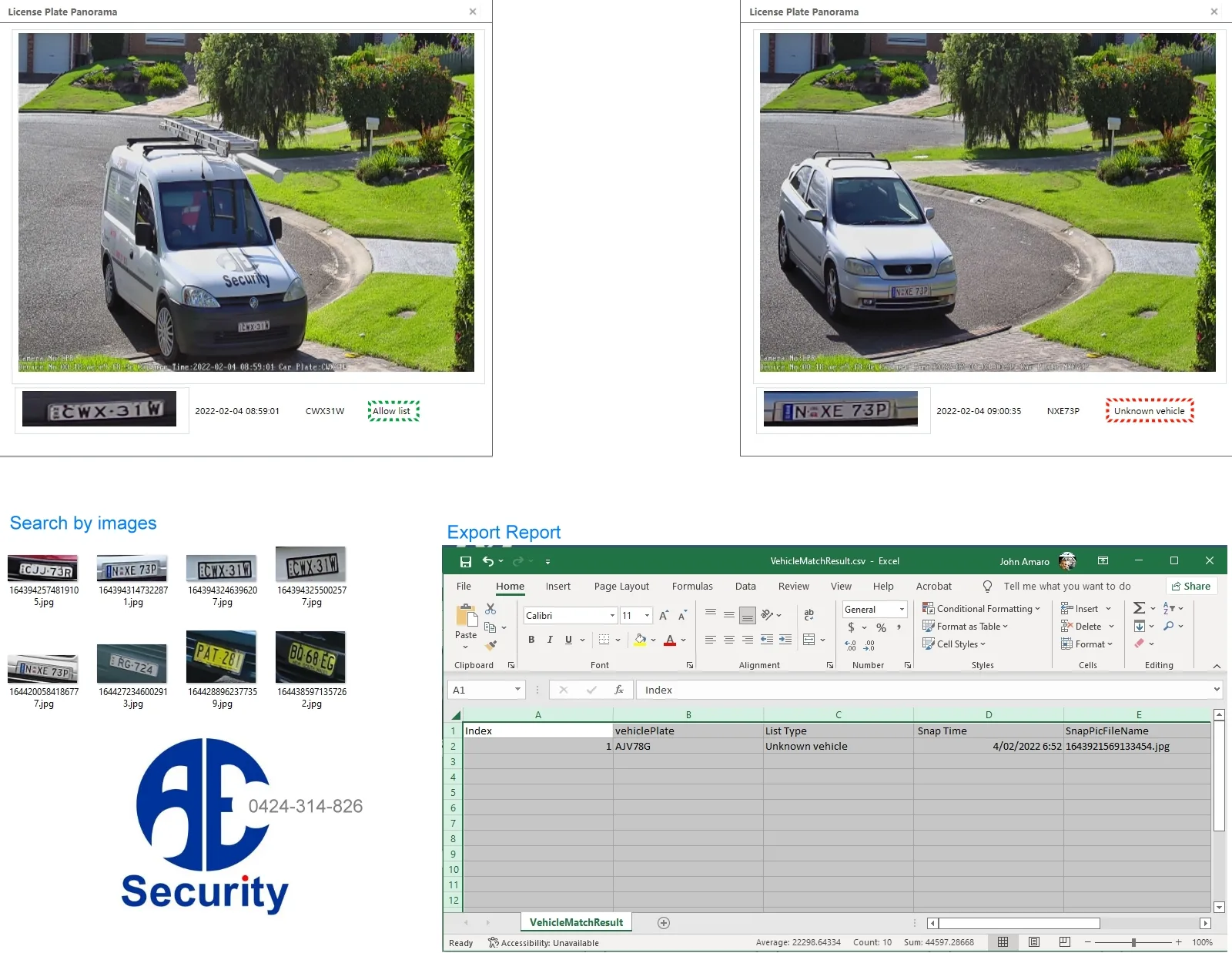 ANPR vehicle access evidence showing allowed and unknown vehicles with image search and Excel report export