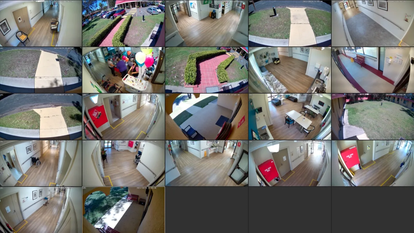 Aged care multi-camera monitoring system covering internal and external facility areas