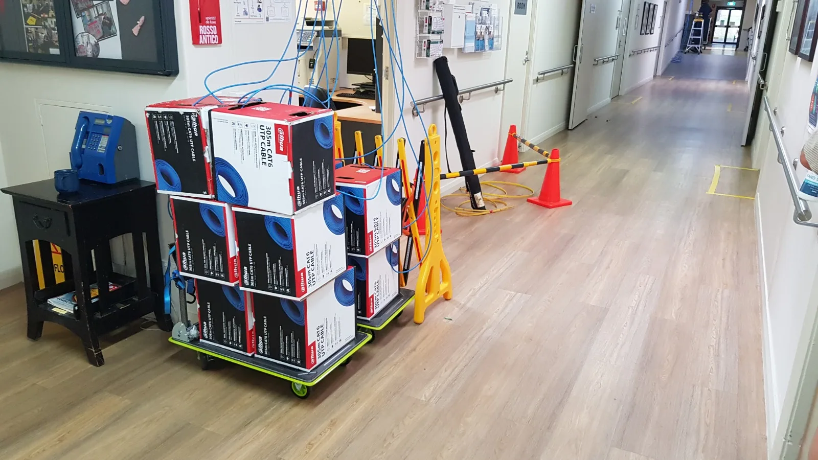 Aged care security system cabling prepared for CCTV camera installation