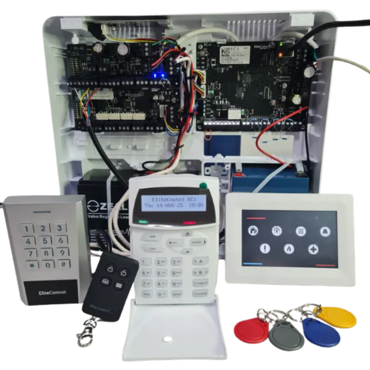 Professional alarm system equipment including control panel keypads remotes and smart touchscreen