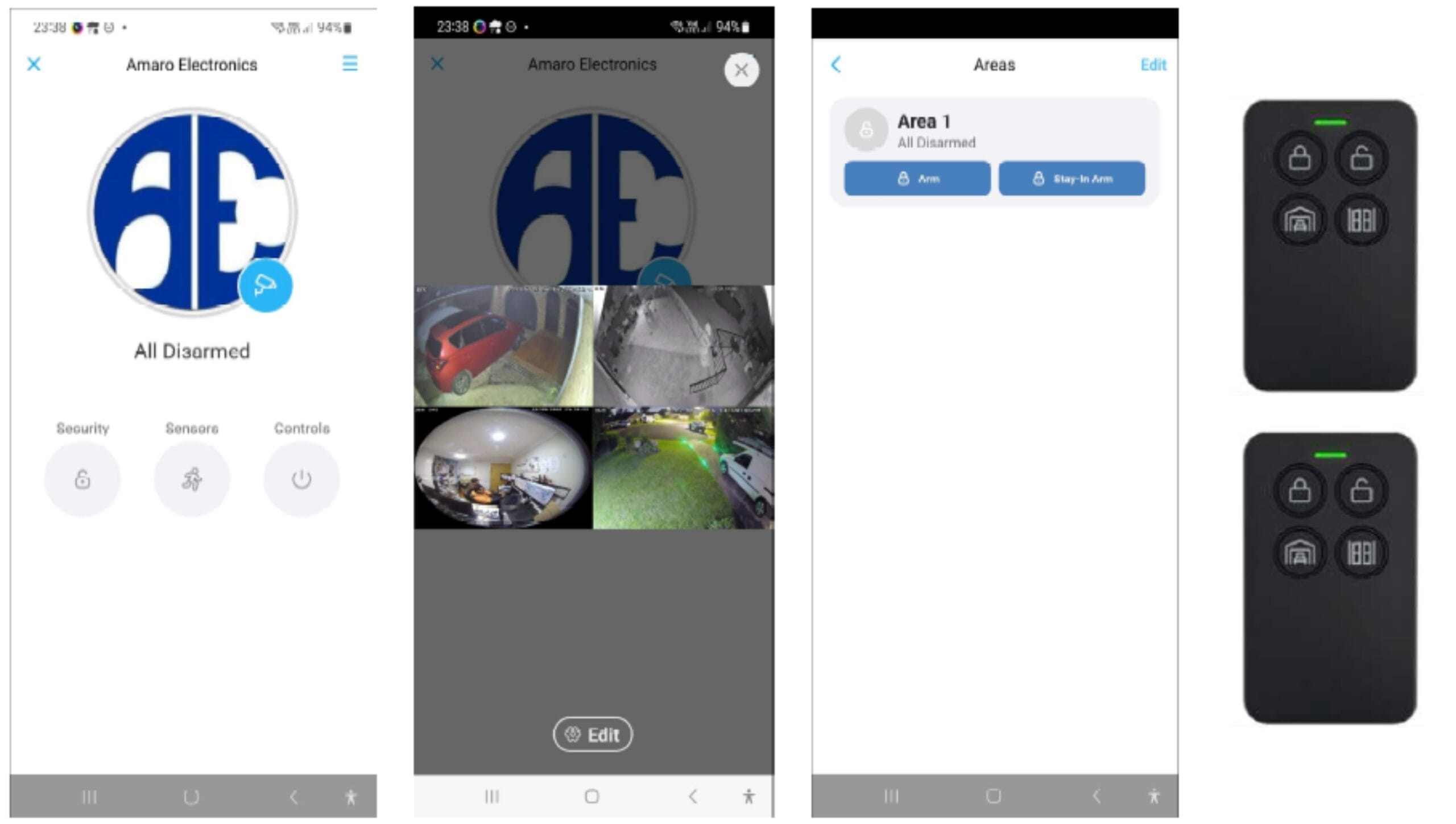 Amaro Electronics smart alarm and CCTV integration with mobile app, camera views, alarm areas and remote controls