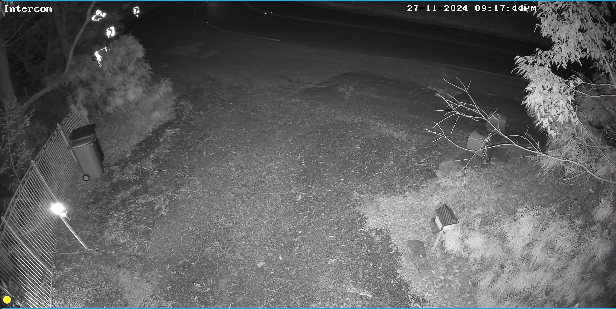 Infrared night CCTV view of the remote gate and driveway at a Blue Mountains property