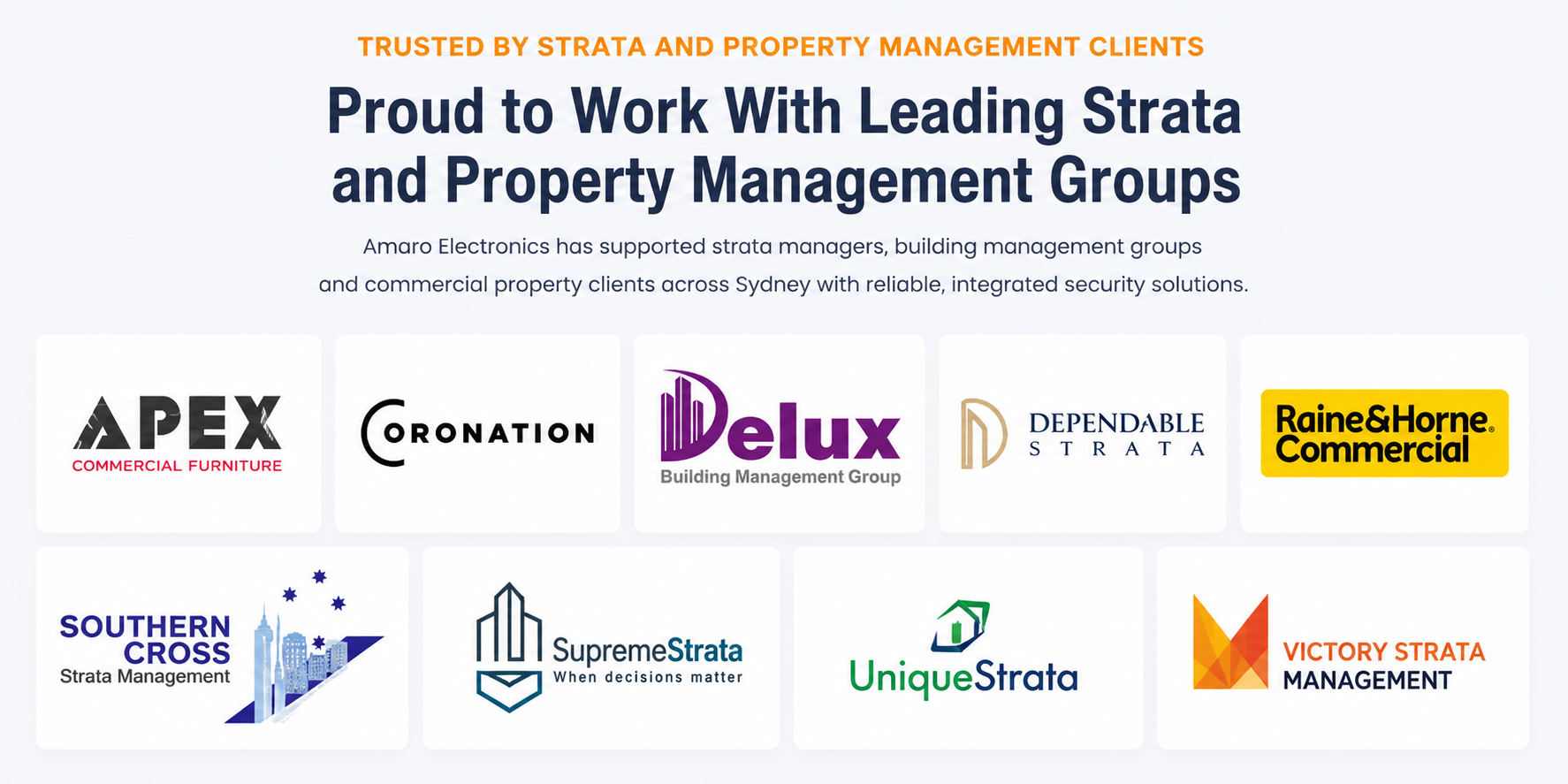 Strata security Sydney clients and property management groups supported by Amaro Electronics