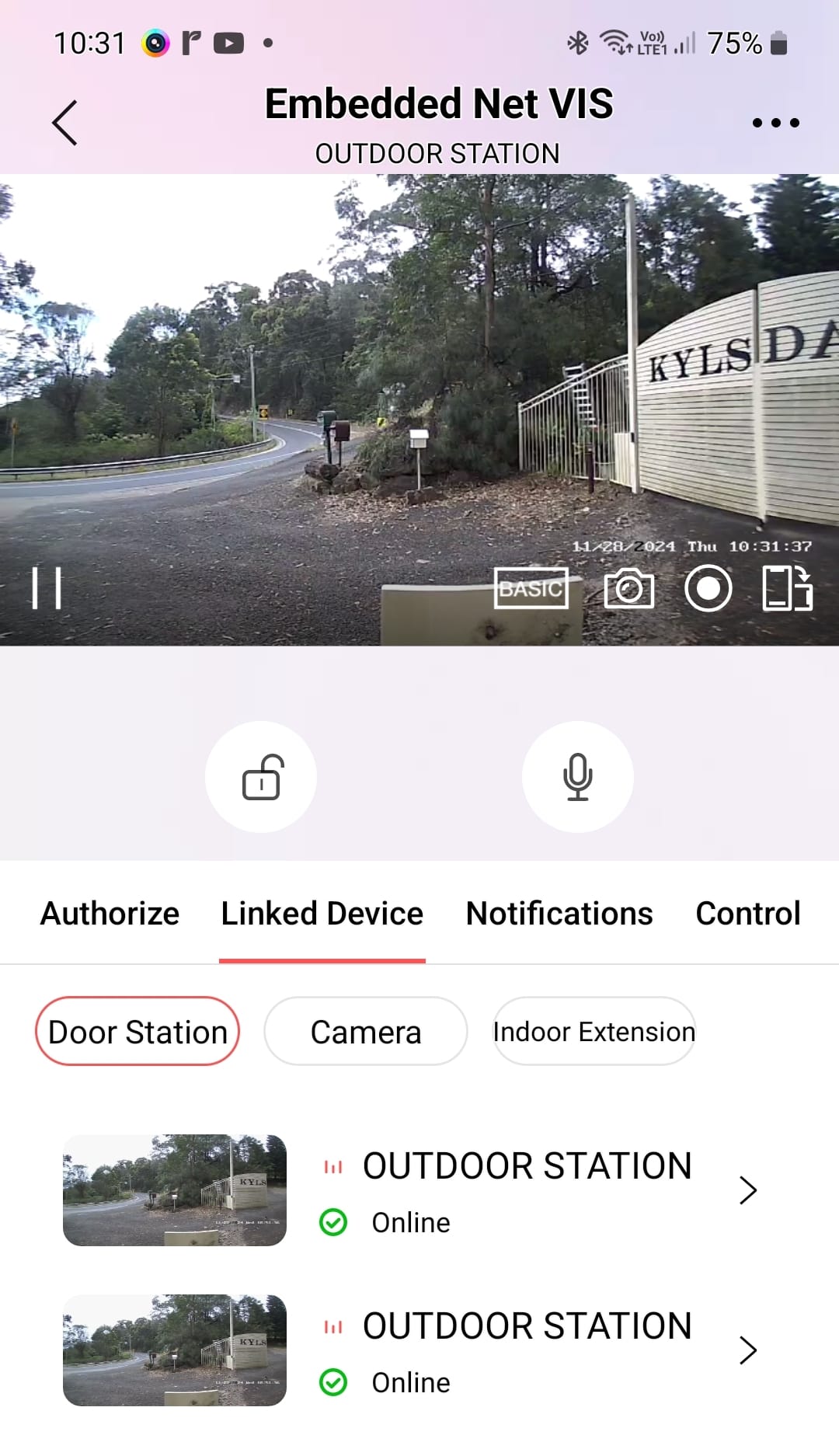 Hikvision mobile app showing the remote main gate video intercom online