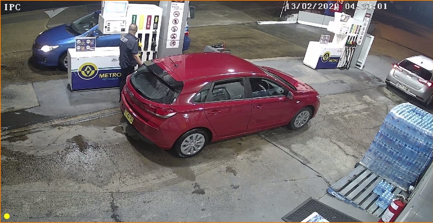 Petrol station CCTV evidence showing a vehicle clearly recorded beside the fuel pump at night