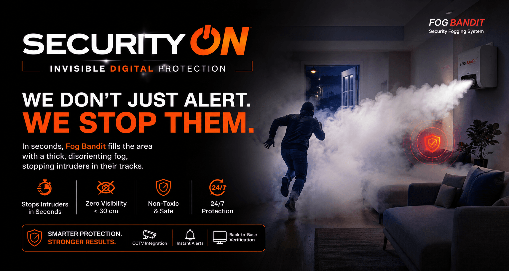 Security On fog security system showing Fog Bandit deploying dense security fog as an intruder flees a protected home.