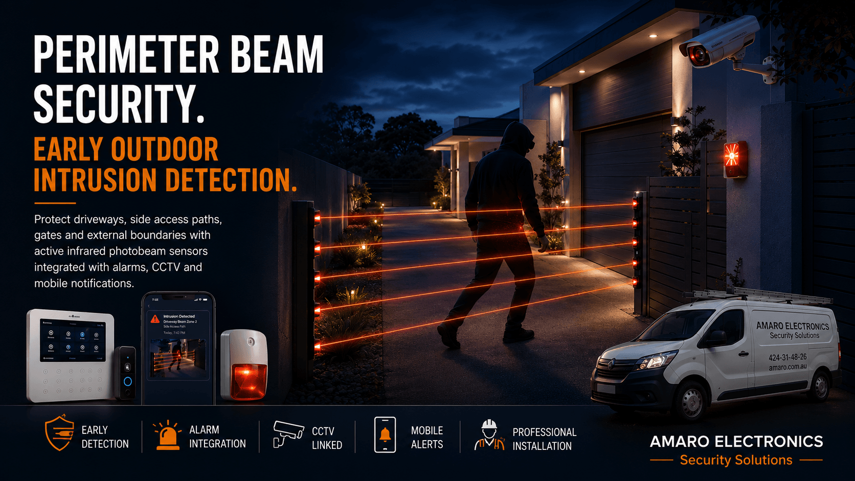 Perimeter beam security system with early outdoor intrusion detection, alarm integration, CCTV and mobile alerts by Amaro Electronics