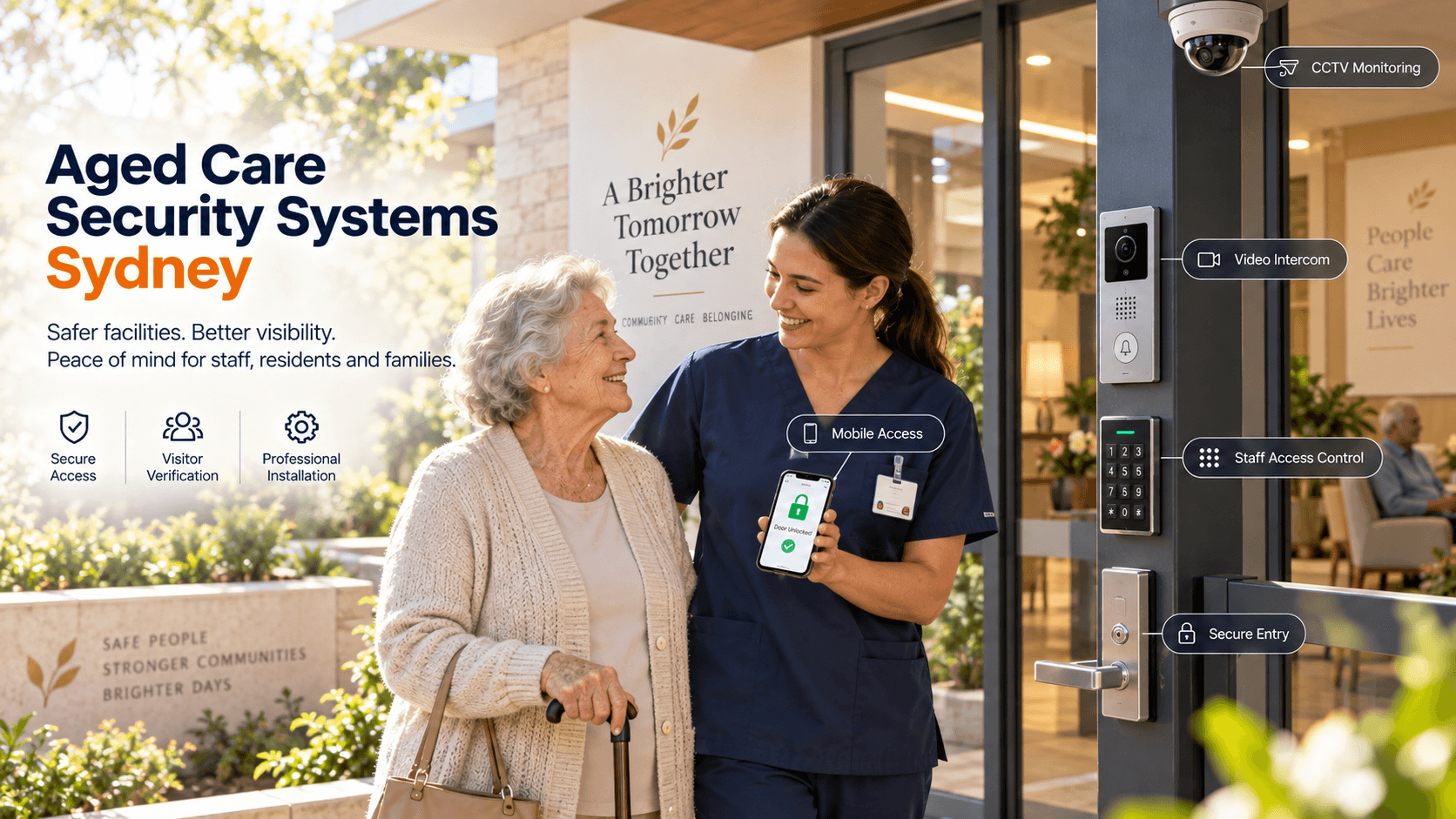 Aged care security systems Sydney with CCTV, video intercom, staff access control and secure entry at a residential care facility.