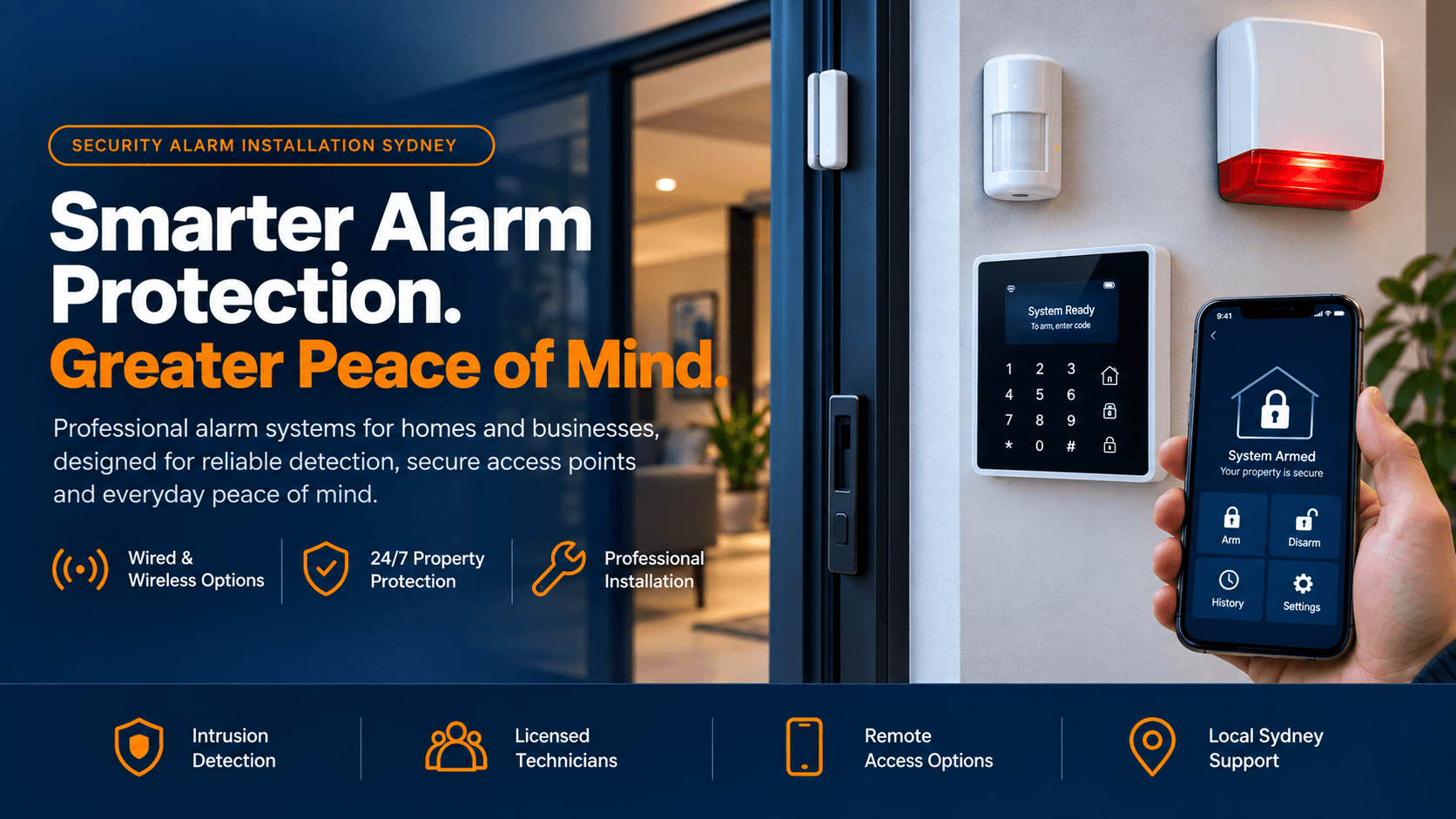 Security alarm installation Sydney with smart keypad, motion sensor, siren and mobile app control