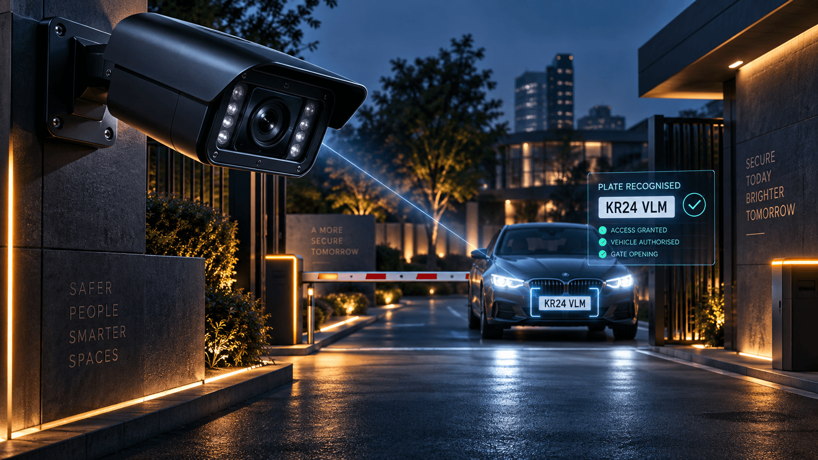 Premium ANPR camera scanning a vehicle number plate at a secure gated entrance with boom gate access control