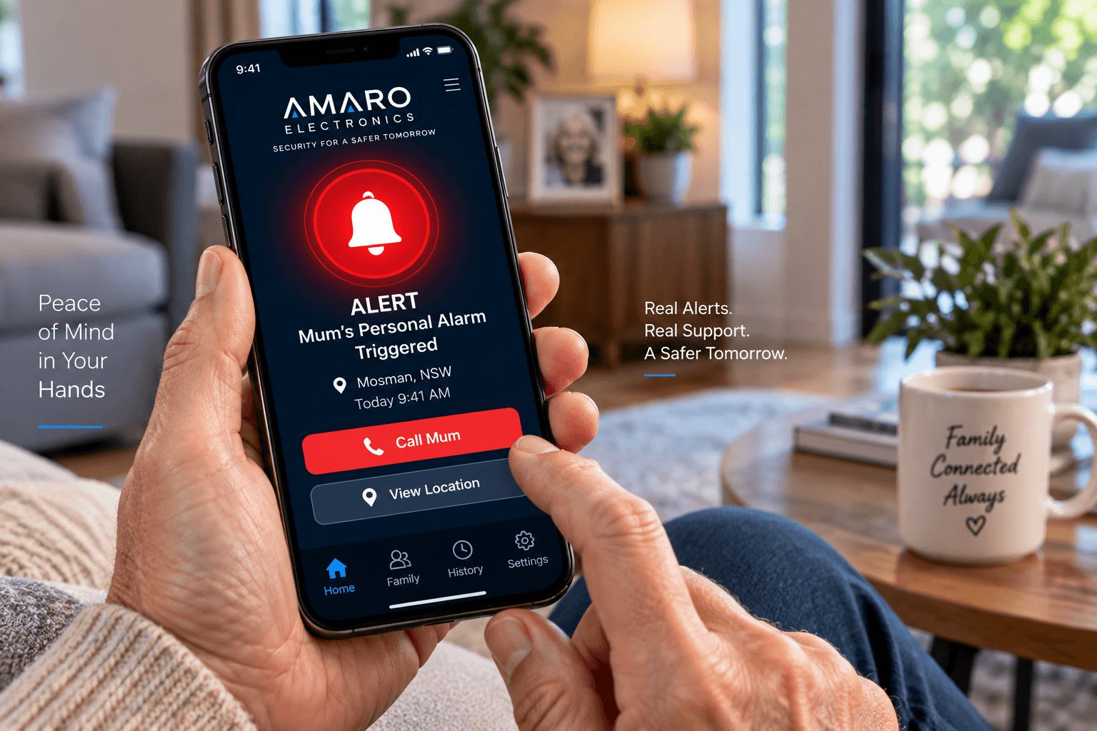 Family receiving medical alarm and personal emergency alert on a mobile phone
