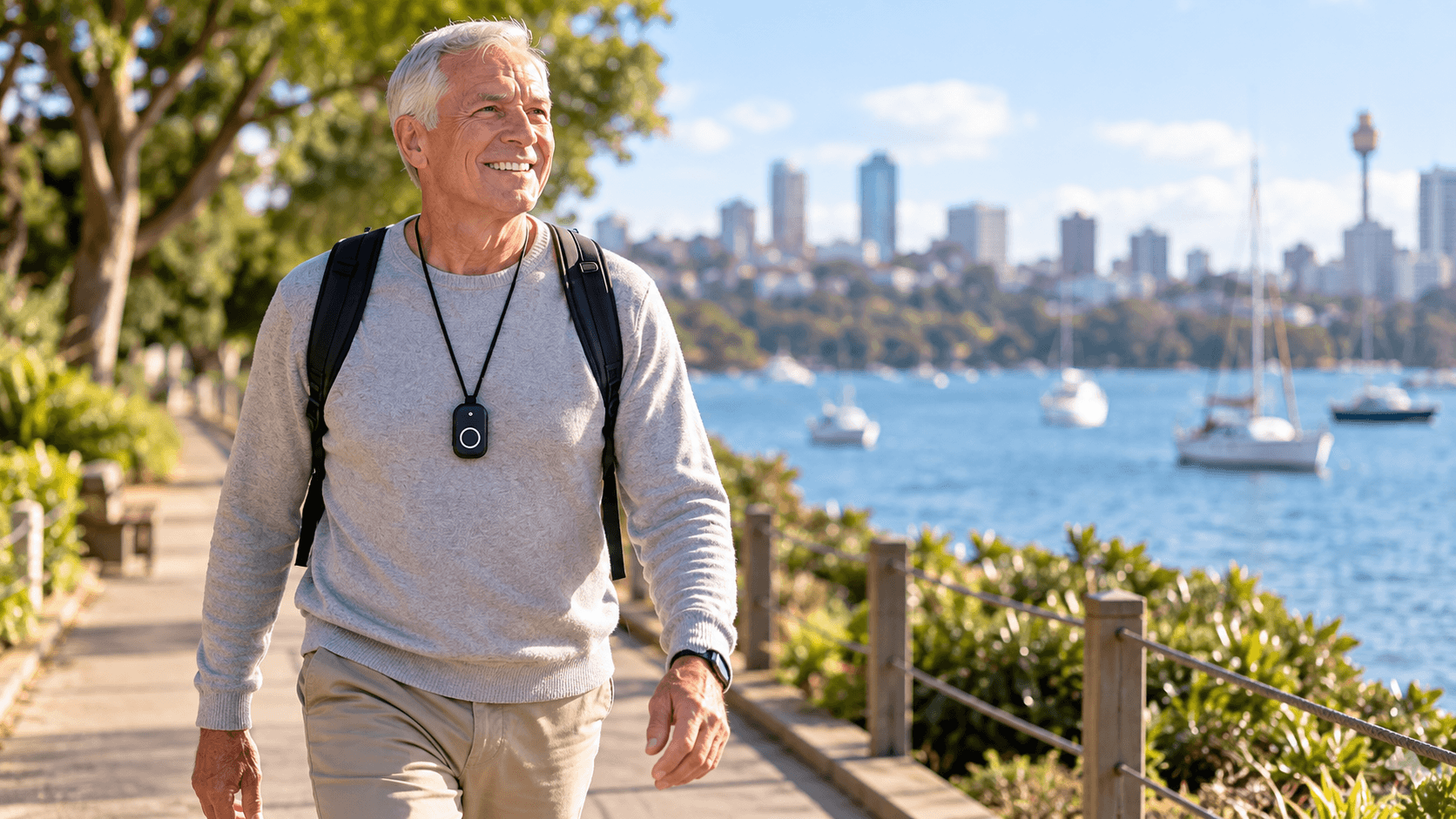 Active senior walking independently in Sydney with personal safety technology